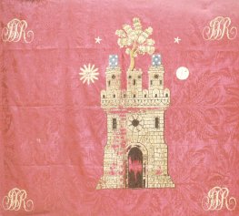 [Bandeira da Câmara Municipal de Lamego, bordada em 1803: Num pano vermelho, o castelo em dourado com a porta aberta, o sol à esquerda, a lua à direita e uma árvore em cima. Monograma a cada canto]